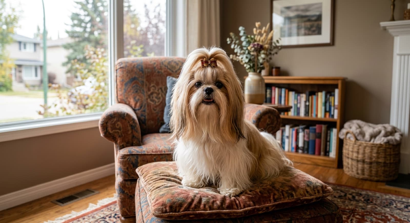 An adult Shih Tzu with classic long flowing coat in a topknot sitting on a cushion in an Edmonton home interior, alert expression