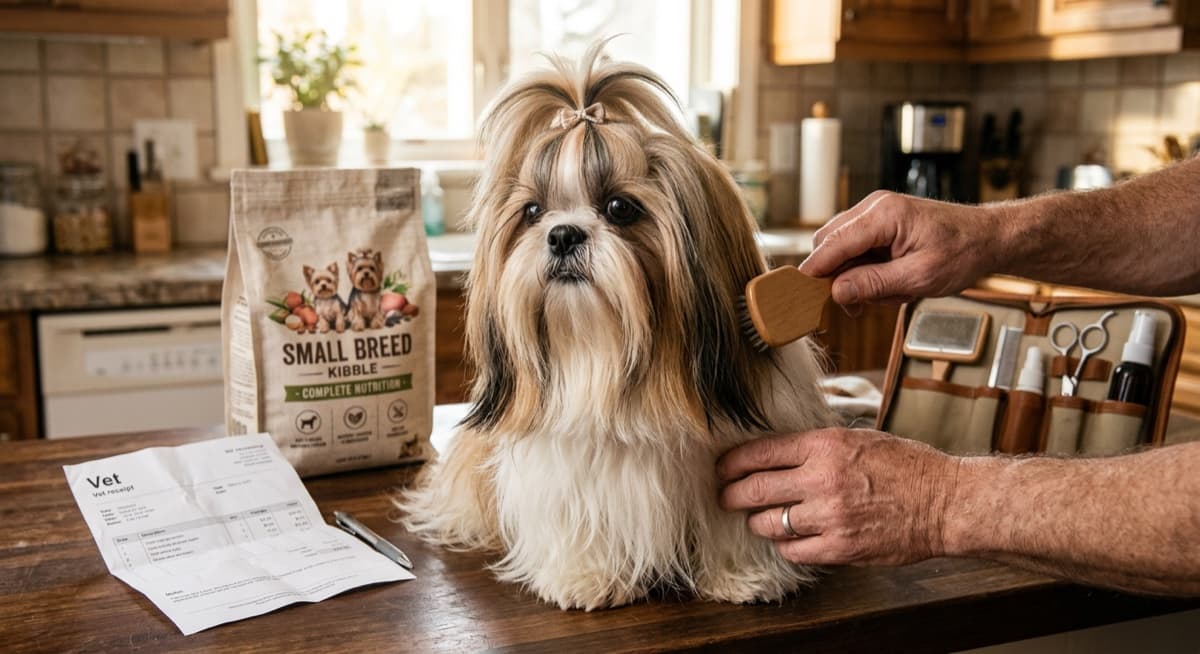 A well-groomed adult Shih Tzu sitting calmly on a Calgary living-room rug, illustrating the breed's compact size and the long silky coat that drives most of the lifetime cost