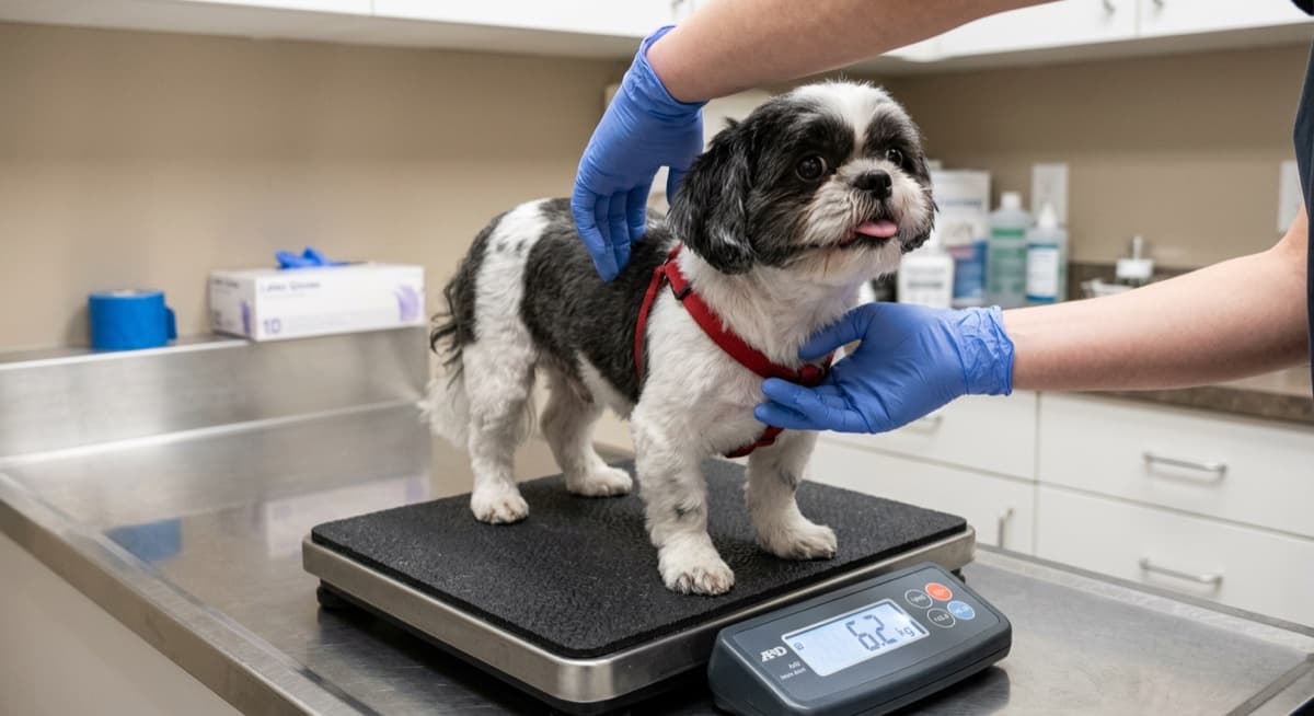 A Shih Tzu being groomed on a salon table with a slicker brush, illustrating the every-4-to-8-week professional grooming visits that dominate the breed's lifetime cost in Calgary