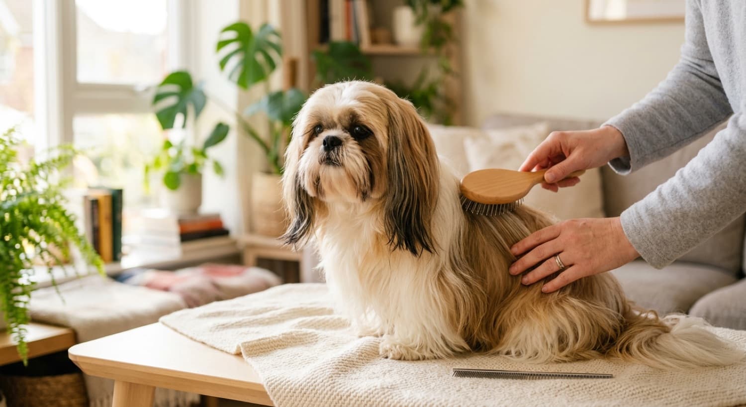 A Shih Tzu being groomed, coat in good condition