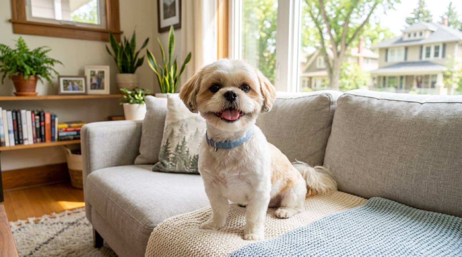 A freshly groomed Shih Tzu in a neat puppy cut sitting happily on a couch in a bright Edmonton home