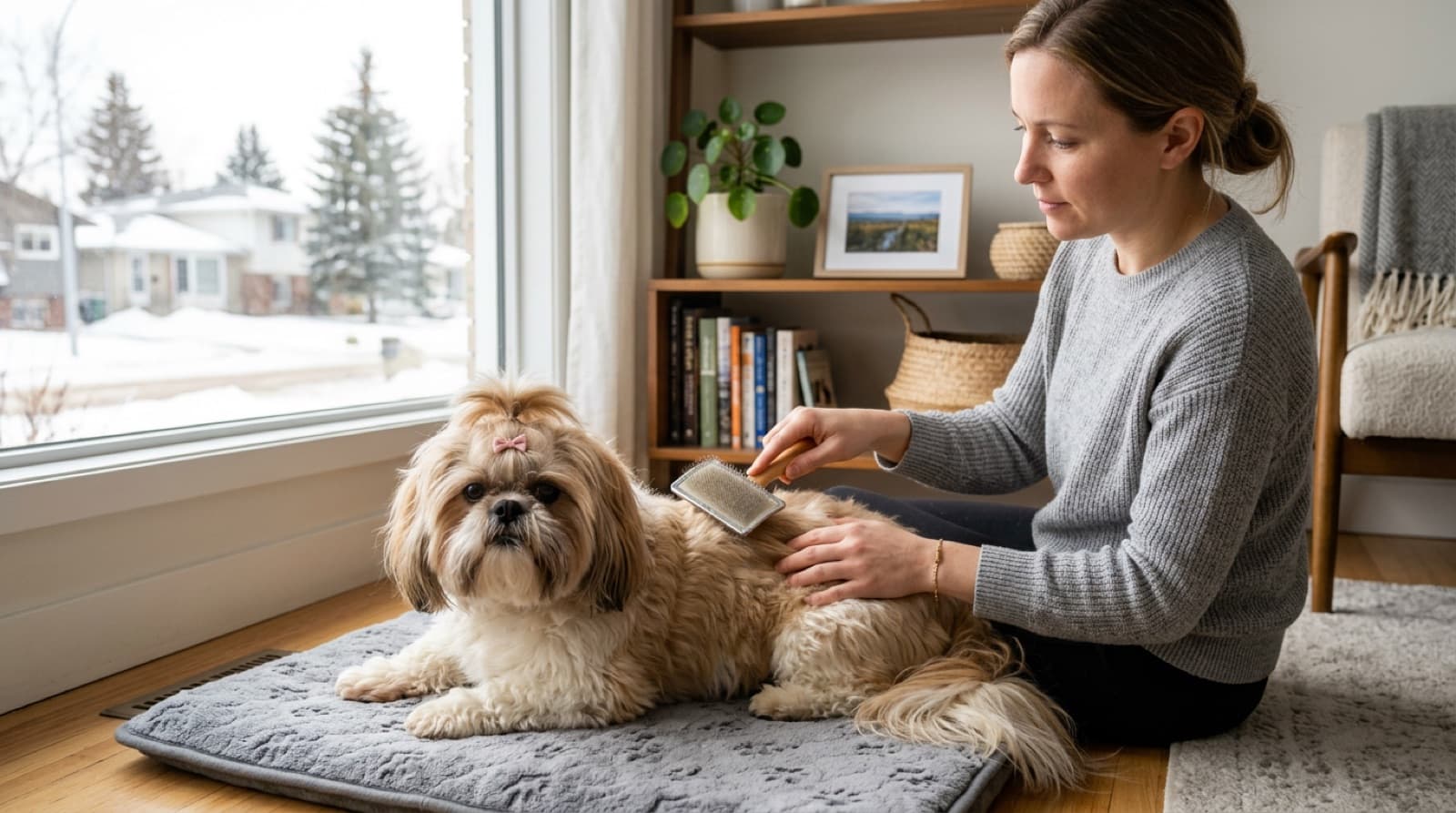 A Shih Tzu being gently brushed with a slicker brush by its owner in a bright Edmonton home, illustrating the breed's daily grooming routine
