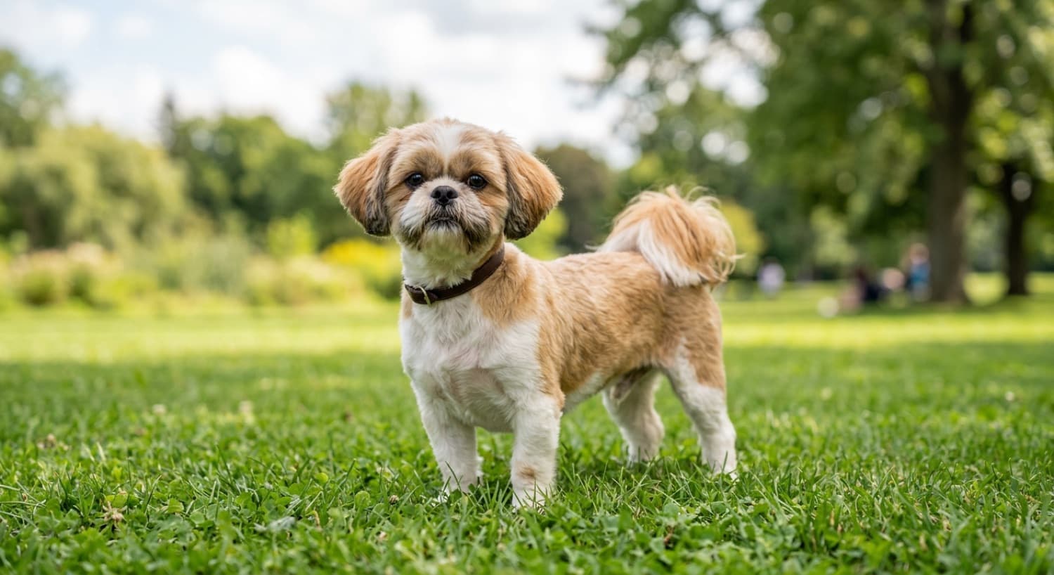 A healthy adult Shih Tzu with a trimmed face resting on a shaded Toronto porch
