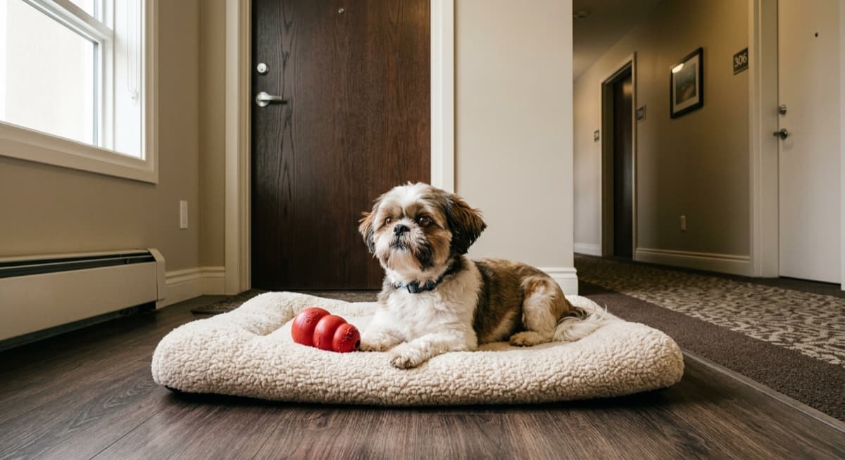 A small Shih Tzu resting calmly on a cushion in a Calgary apartment during practiced alone time