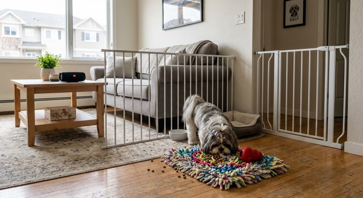 A Shih Tzu working on a frozen Kong on a soft mat in a Calgary apartment, a key enrichment tool during alone-time training