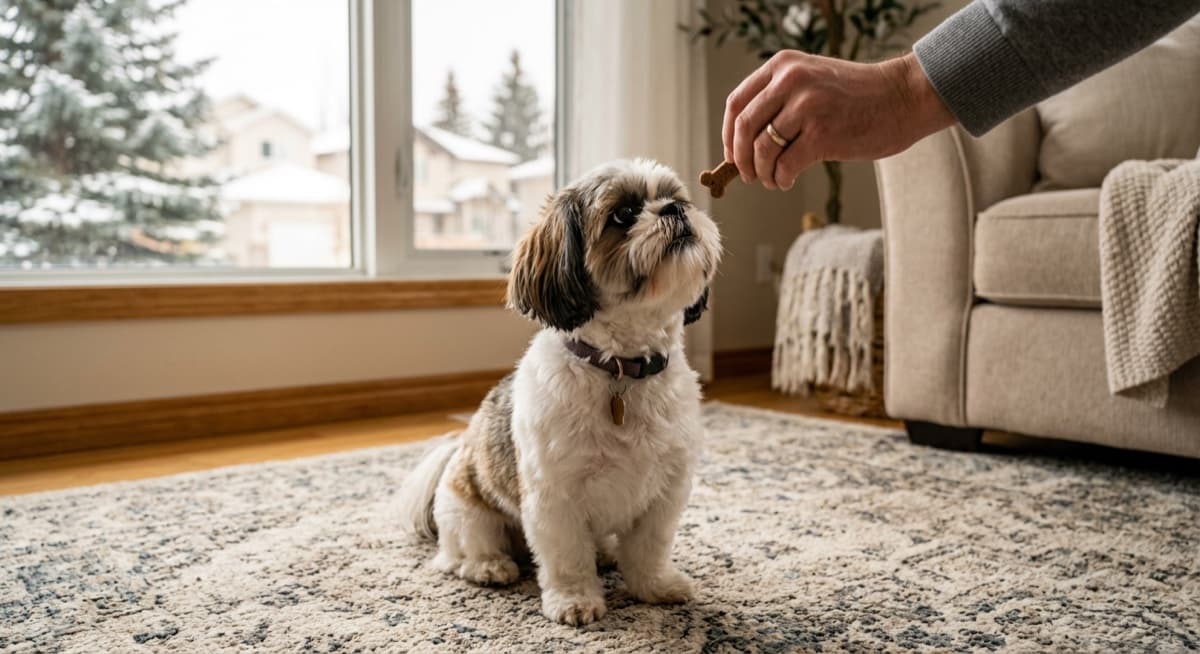 A Shih Tzu sitting attentively during a calm force-free training session, with a clicker and treats visible