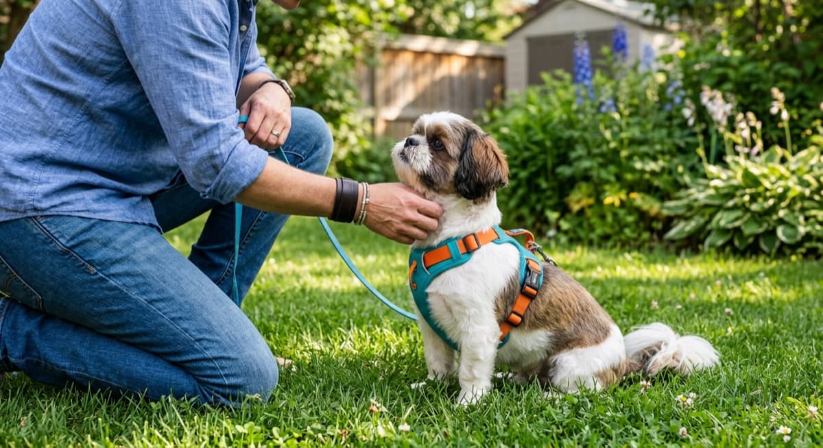 A Shih Tzu wearing a Y-front harness on a calm leashed walk through a Calgary residential neighbourhood
