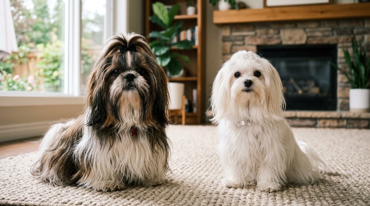 A Shih Tzu and a Maltese sitting side by side in a Calgary home, showing the size and coat difference between the two breeds