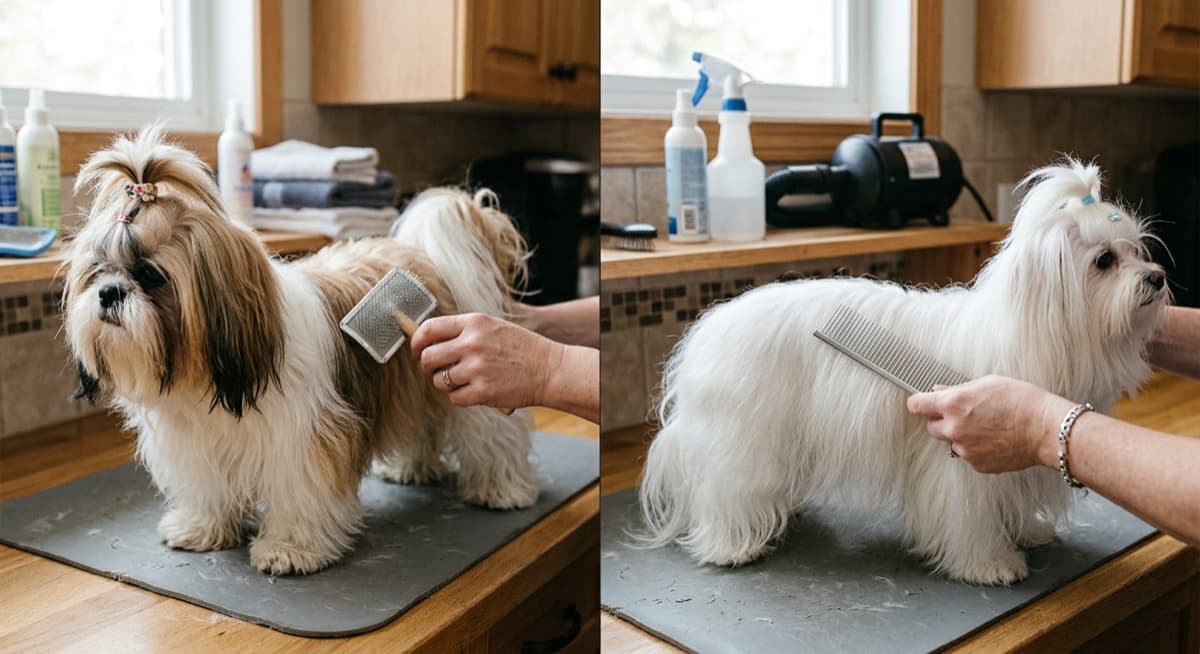 A calm Shih Tzu and an alert Maltese photographed in a Calgary living room, illustrating the temperament and coat difference between the two breeds