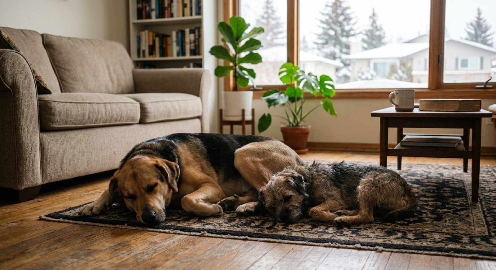 A medium mixed-breed dog and a smaller terrier resting calmly together on a rug in a Canadian living room