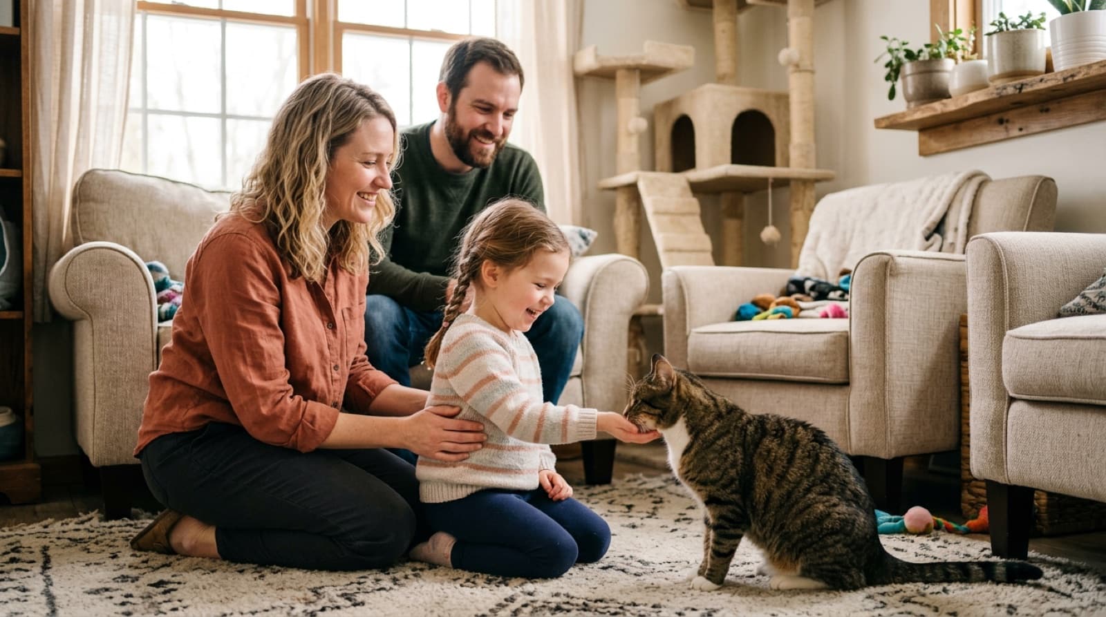 A family meeting a cat in an adoption room at a Canadian animal shelter