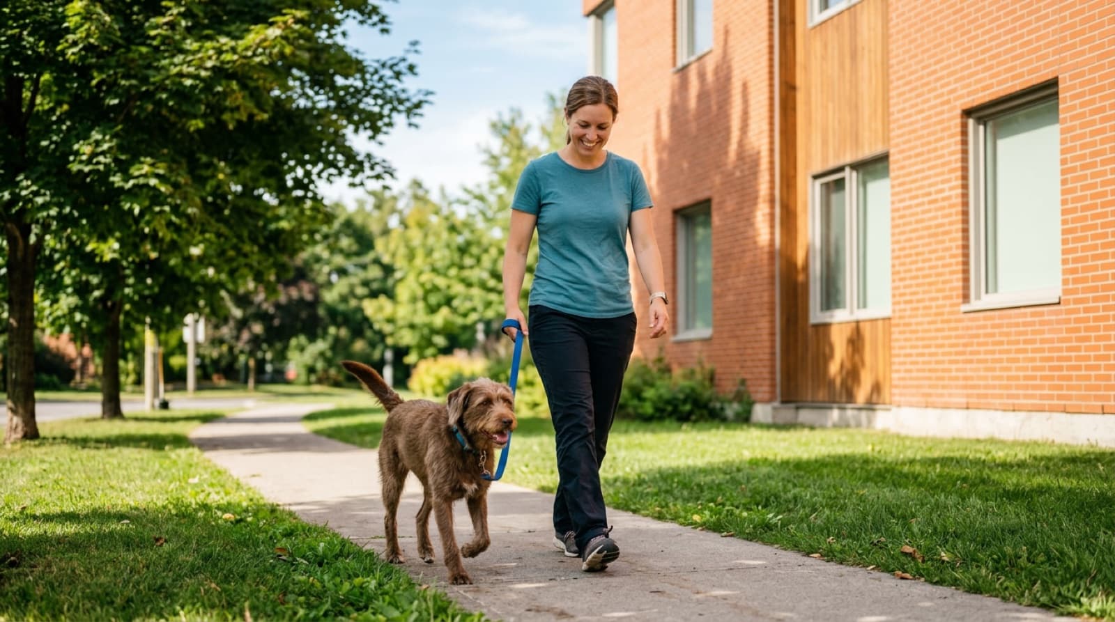 A volunteer walking an adoptable dog outside a Canadian animal shelter on a sunny day