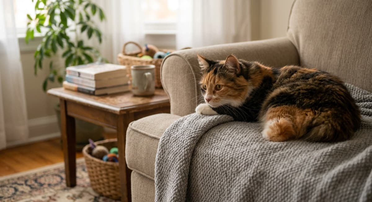 A diabetic Calgary rescue cat receiving home insulin care from an owner cropped to hands, calm domestic setting, captures the manageable reality of special-needs adoption