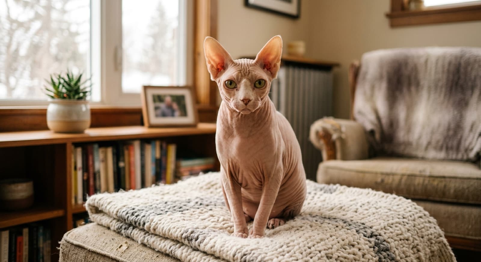 A hairless Sphynx cat with wrinkled skin and large bat-ears wearing a knitted sweater on a heated cat bed in an Edmonton living room during winter, the type of climate-adapted adult Sphynx that lands at Alberta Sphynx Rescue when families underestimate the bathing and -30C winter heating commitment