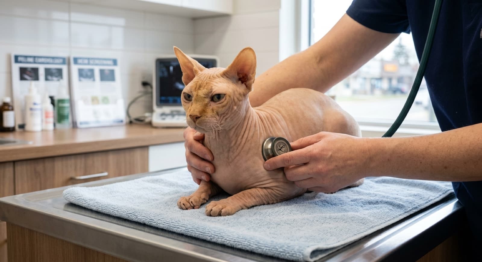 A healthy adult Sphynx cat with wrinkled hairless skin and large expressive eyes wearing a soft cotton sweater being examined by a veterinarian during an annual cardiology screening at an Edmonton veterinary clinic, with warmed IV fluid setup visible on the exam table