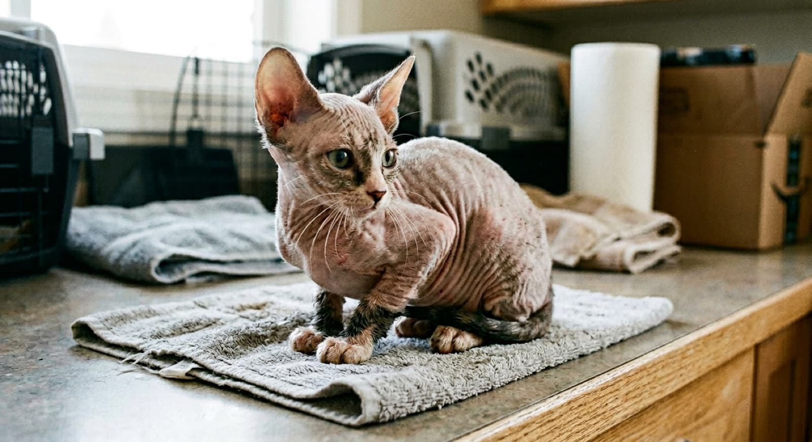 A real Sphynx cat in an Edmonton foster home being met by a prospective adopter in person, the kind of verified in-home meeting that Kijiji parking-lot scam listings deliberately avoid
