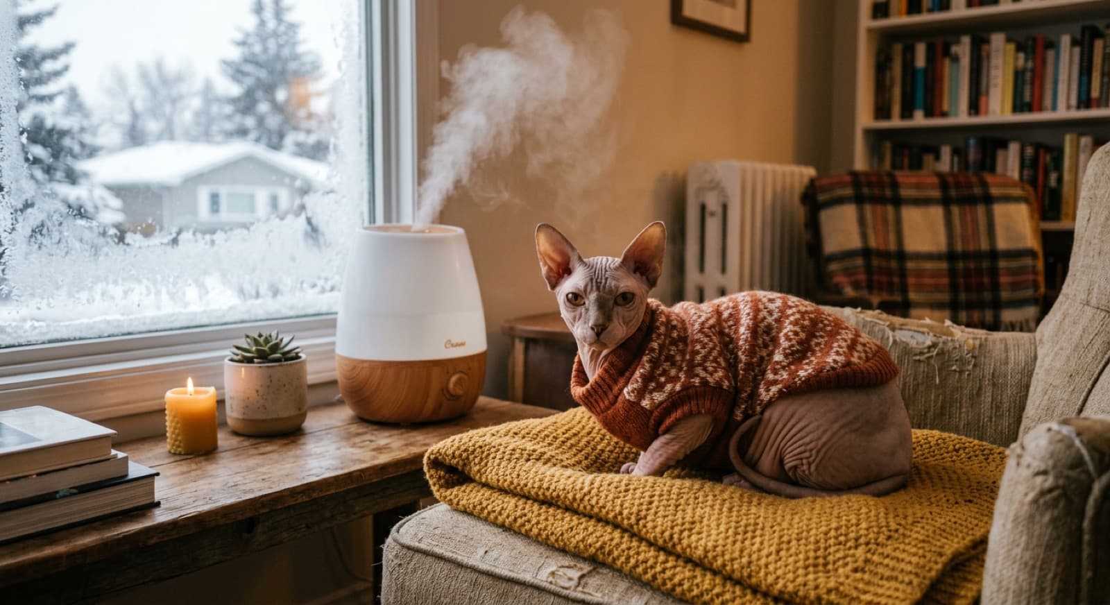 A hairless Sphynx cat with wrinkled skin and large bat-ears wearing a knitted wool sweater on a heated cat bed in an Edmonton living room during a -30C winter cold snap, with a cool-mist humidifier visible nearby and frost on the window behind, illustrating the multi-layer climate management Edmonton Sphynx owners run through winter