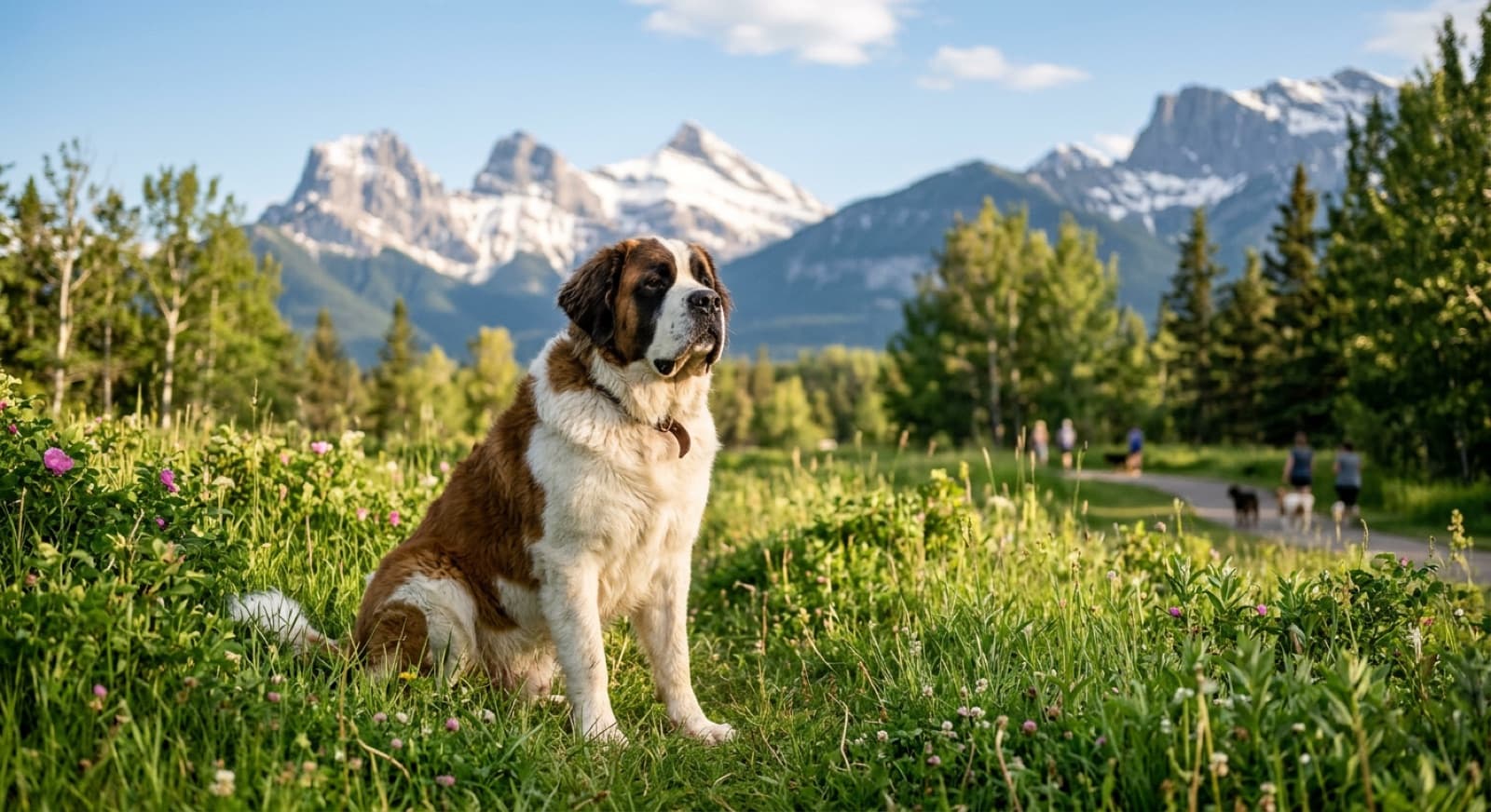 A massive brown and white St. Bernard sitting gently in a green Calgary park, mountains in the distance
