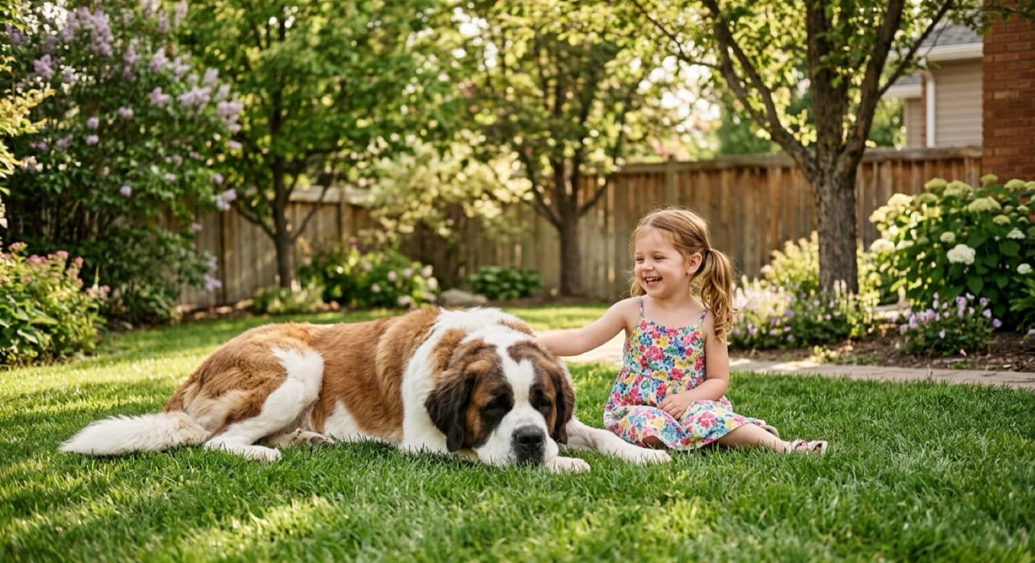 A gentle brown and white St. Bernard lying calmly beside a child in a bright Calgary backyard