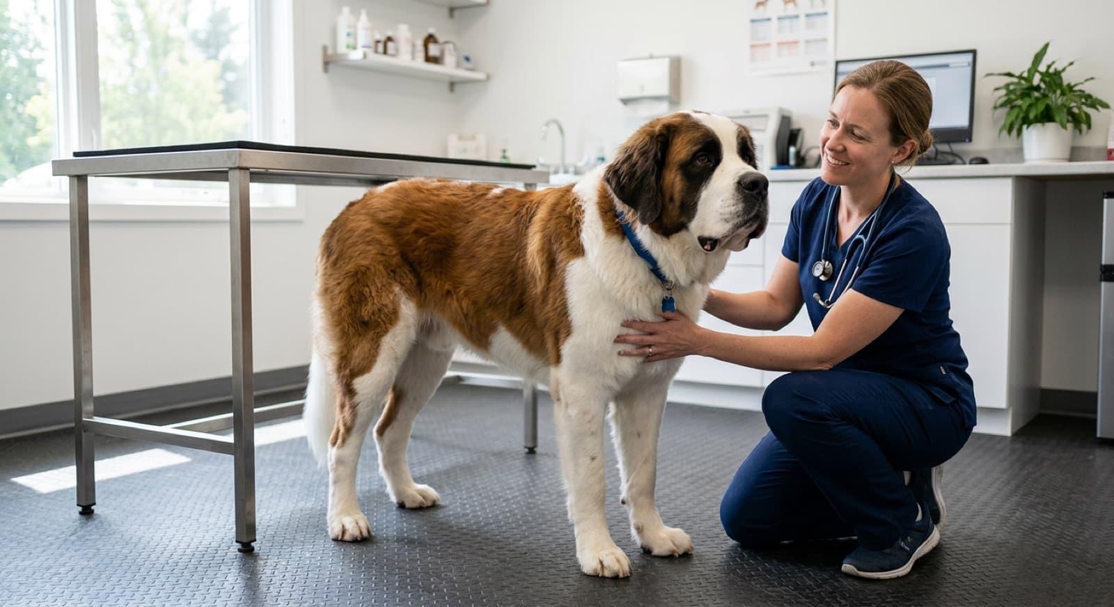 A large brown and white St. Bernard standing calmly for a veterinarian in a bright Calgary clinic