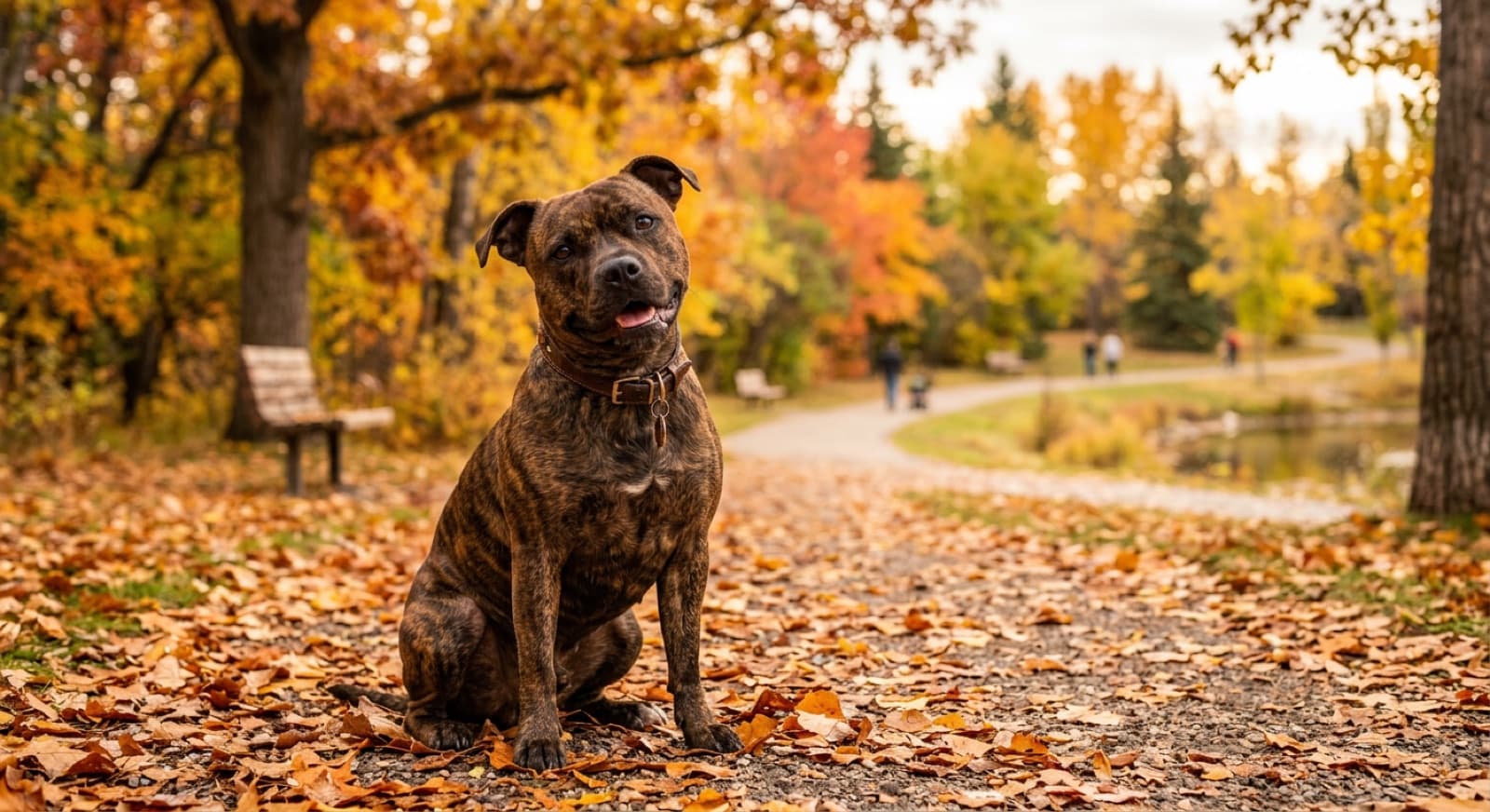 A brindle Staffordshire Bull Terrier with a broad smile lying on Calgary prairie grass at golden hour, foothills visible in the distance