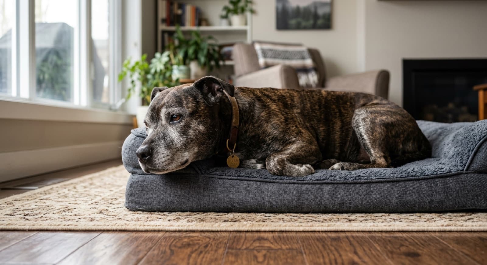 A healthy adult Staffordshire Bull Terrier being examined during a routine wellness visit at a Calgary veterinary clinic