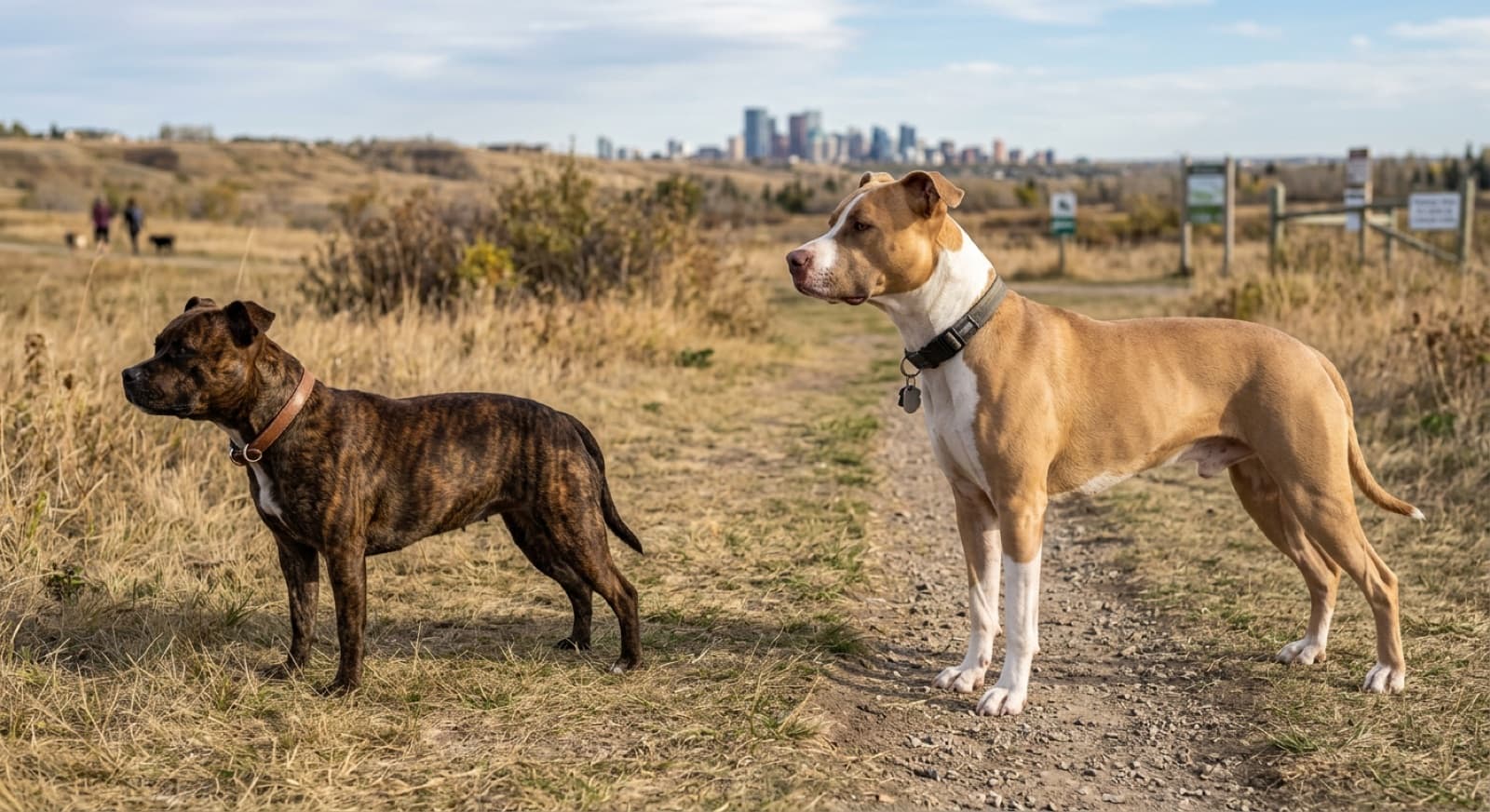 A Staffordshire Bull Terrier and an American Pit Bull Terrier standing side by side at a Calgary off-leash park, showing the size difference between the smaller compact British breed and the taller more athletic American breed