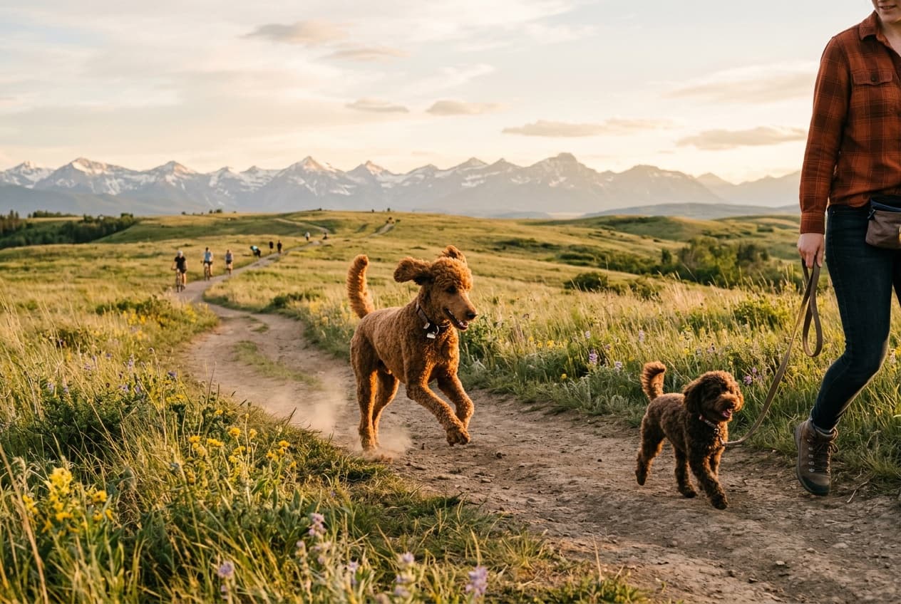 A Calgary Standard Poodle and a Miniature Poodle on an off-leash trail at Nose Hill or similar park, showing exercise compatibility differences