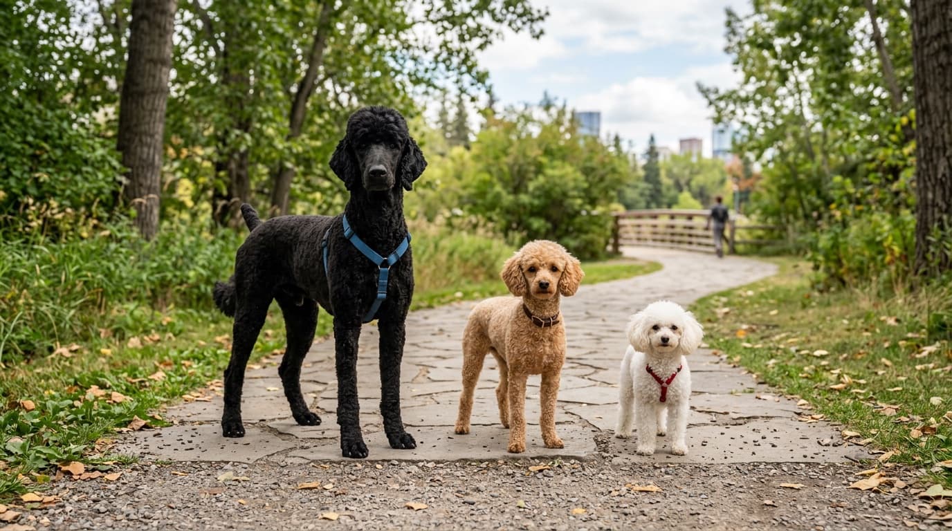Three Poodles of different sizes — Standard, Miniature, and Toy — sitting side by side in a Calgary home, showing the dramatic size difference