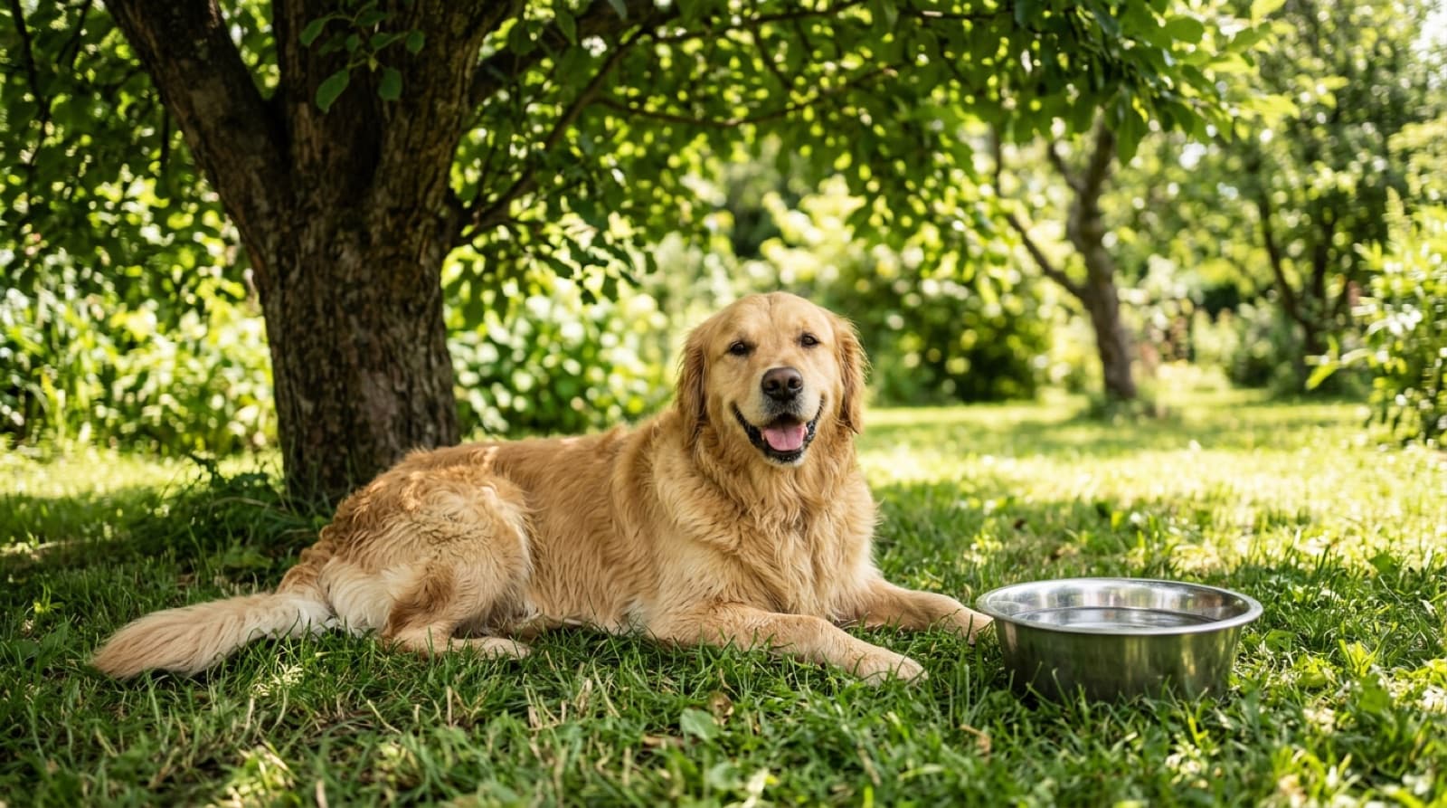 A happy dog cooling off in the shade beside a bowl of water on a sunny summer day