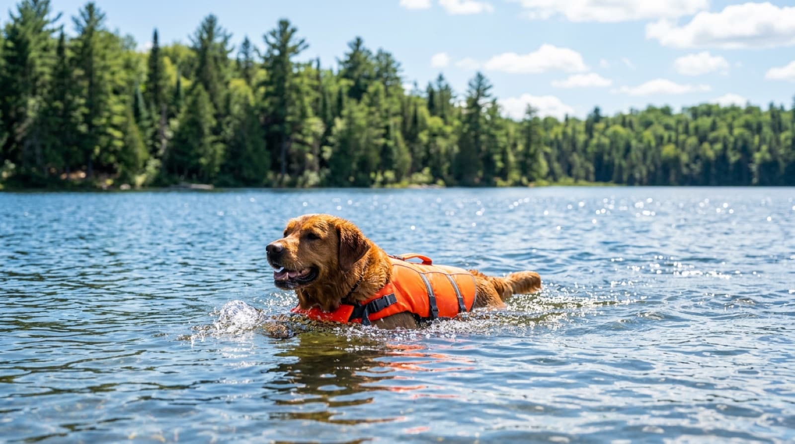 A dog wearing a life jacket swimming happily in a Canadian lake in summer