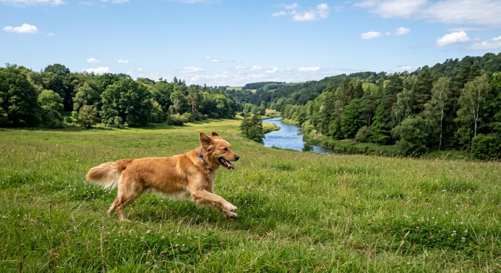 A dog running in the large open off-leash field at Sunnybrook Park in the Don Valley in Toronto