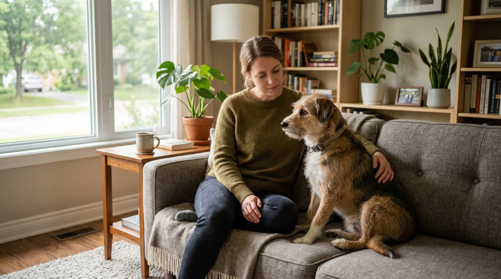 A person sitting with their dog on a couch, considering options for surrendering or rehoming the dog responsibly