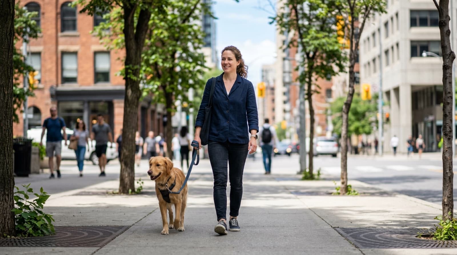 A leashed dog walking with its owner on a Toronto city sidewalk