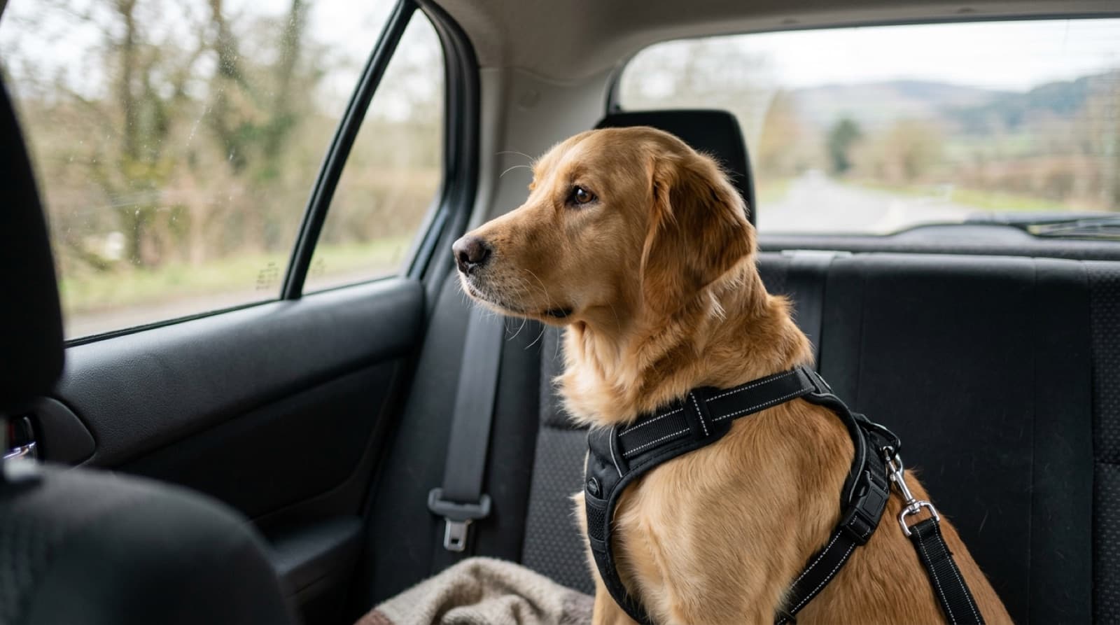A dog secured with a safety harness on the back seat of a car, calm and looking out the window