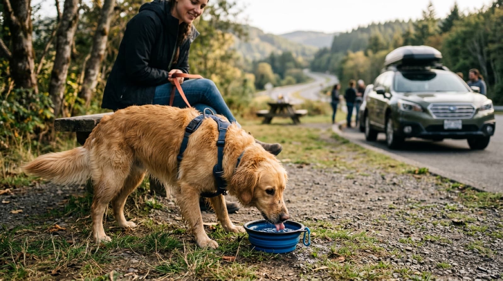 A dog on a leash at a roadside rest stop during a road trip, drinking from a collapsible travel bowl