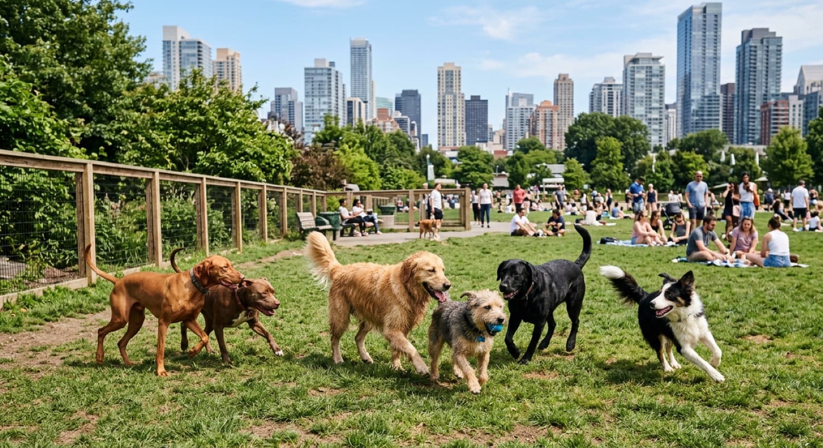 Dogs playing together in the off-leash dog bowl at Trinity Bellwoods Park in Toronto