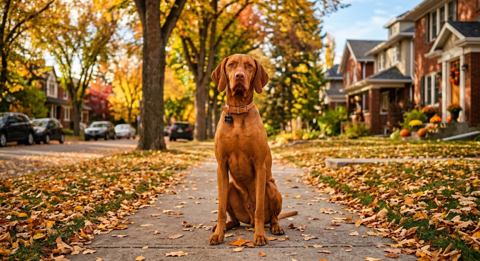 A rust-coloured adult Vizsla with a lean athletic build standing on a Calgary pathway in autumn, mountains in the distance