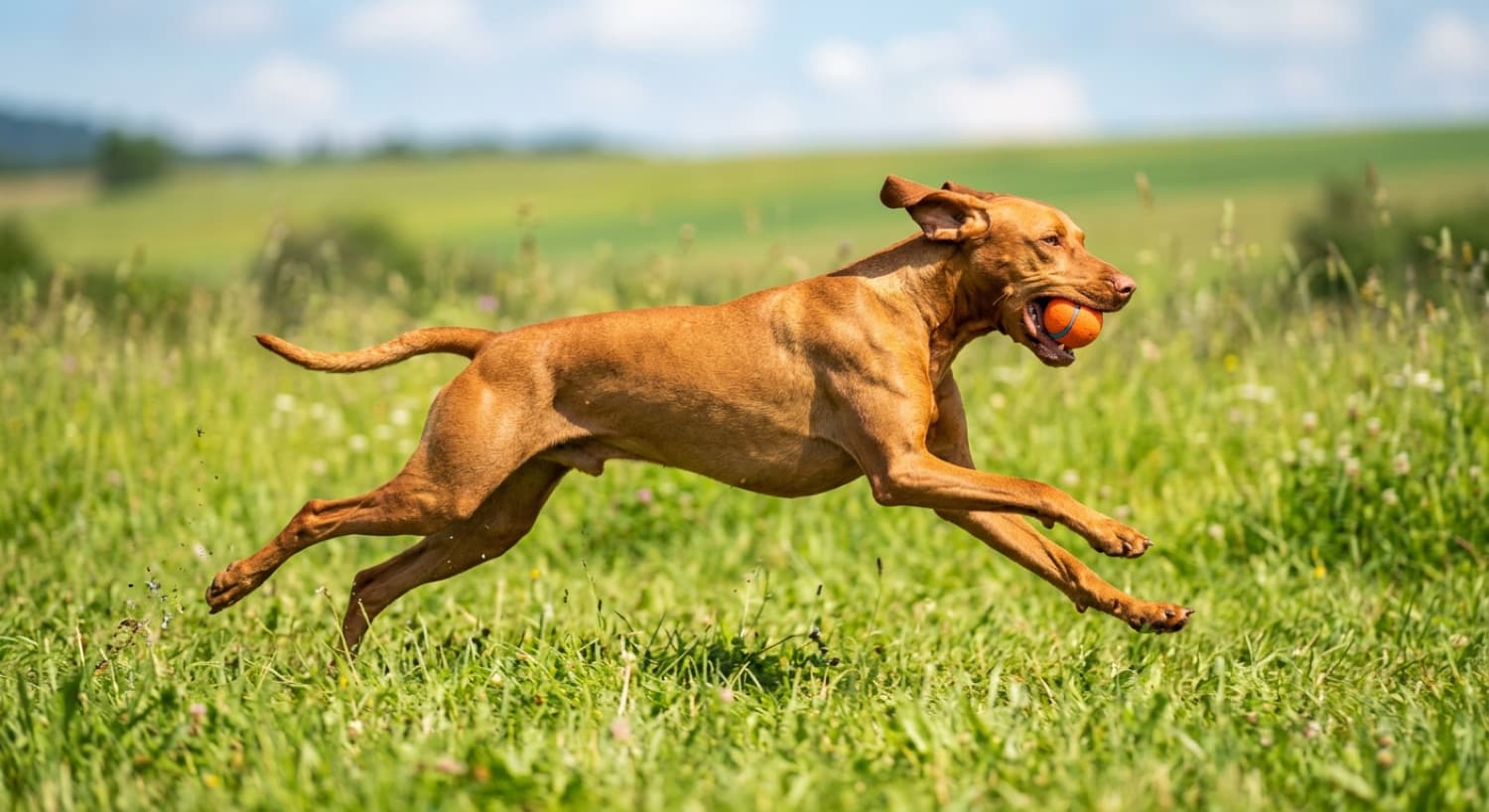 A Vizsla running at full speed with a ball in a fenced park