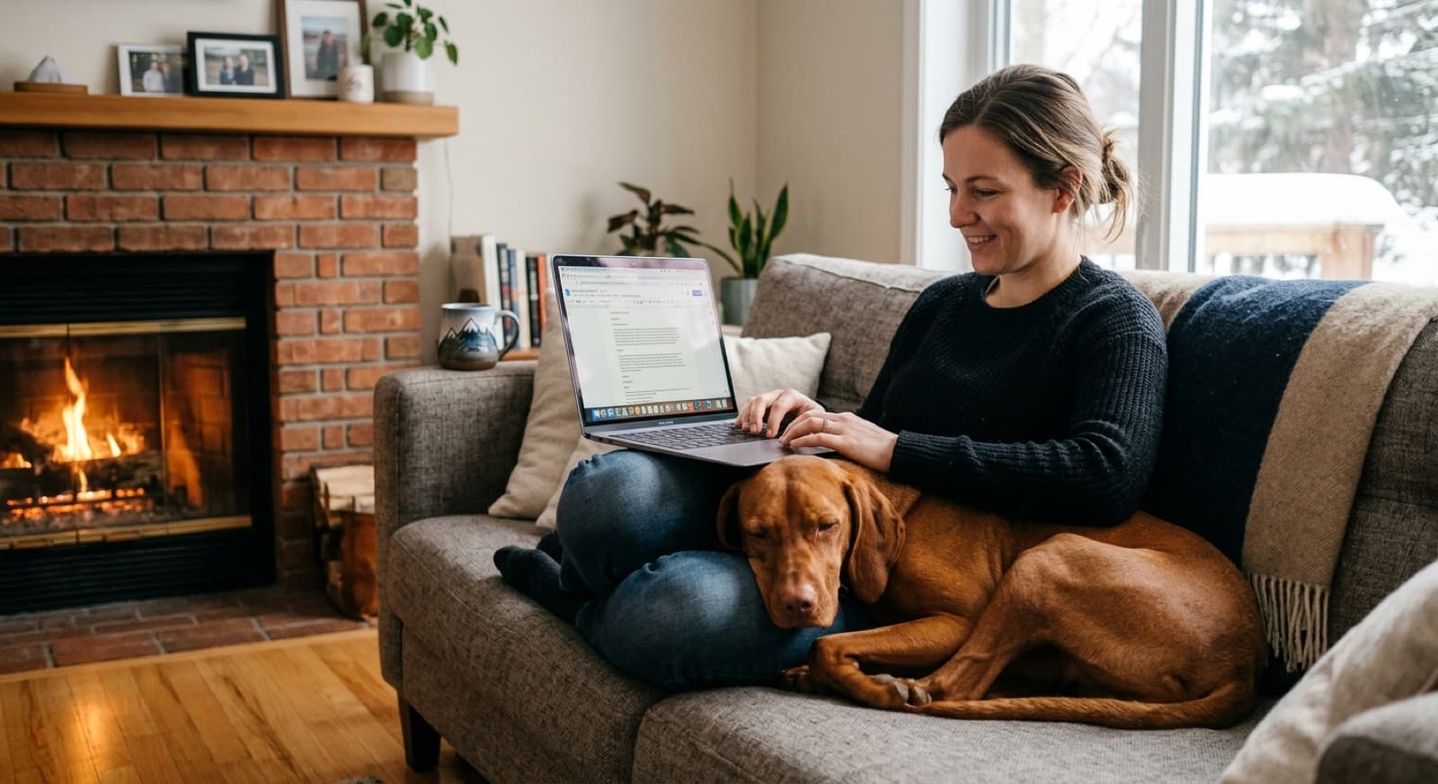 Hungarian Vizsla pressed close against its owner on a Calgary living room couch, head resting on the owner's lap while the owner reads, autumn light through the window