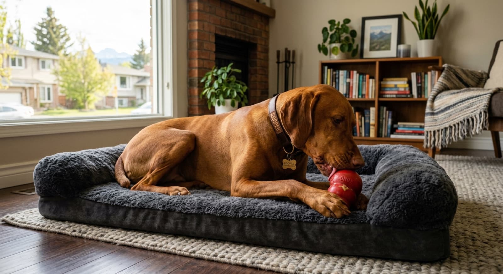 Hungarian Vizsla lying calmly on a soft bed in a Calgary living room with a frozen Kong food puzzle, white-noise machine visible nearby, mid-morning light