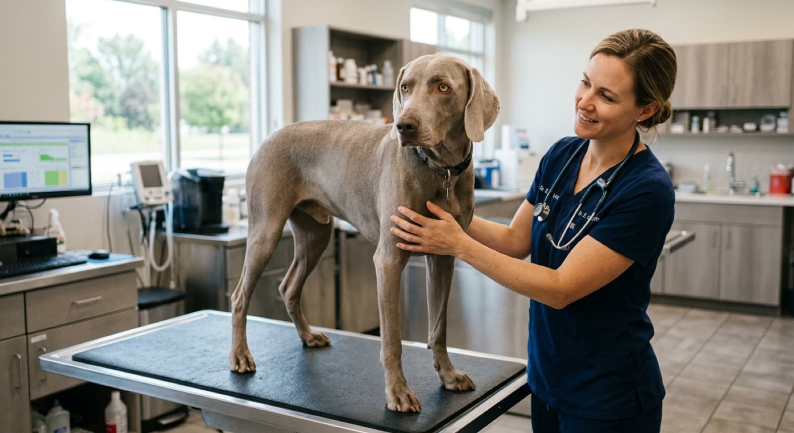 A silver-grey Weimaraner standing calmly for a veterinarian in a bright Calgary clinic