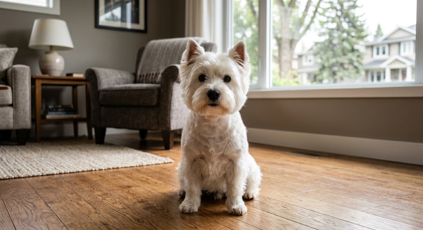 An adult West Highland White Terrier with classic white coat and dark eyes sitting alert on a hardwood floor in an Edmonton home interior