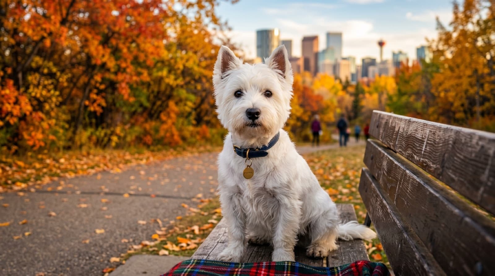 A West Highland White Terrier with a harsh white double coat sitting alert in tall prairie grass on a Calgary off-leash trail, mountains in the distance