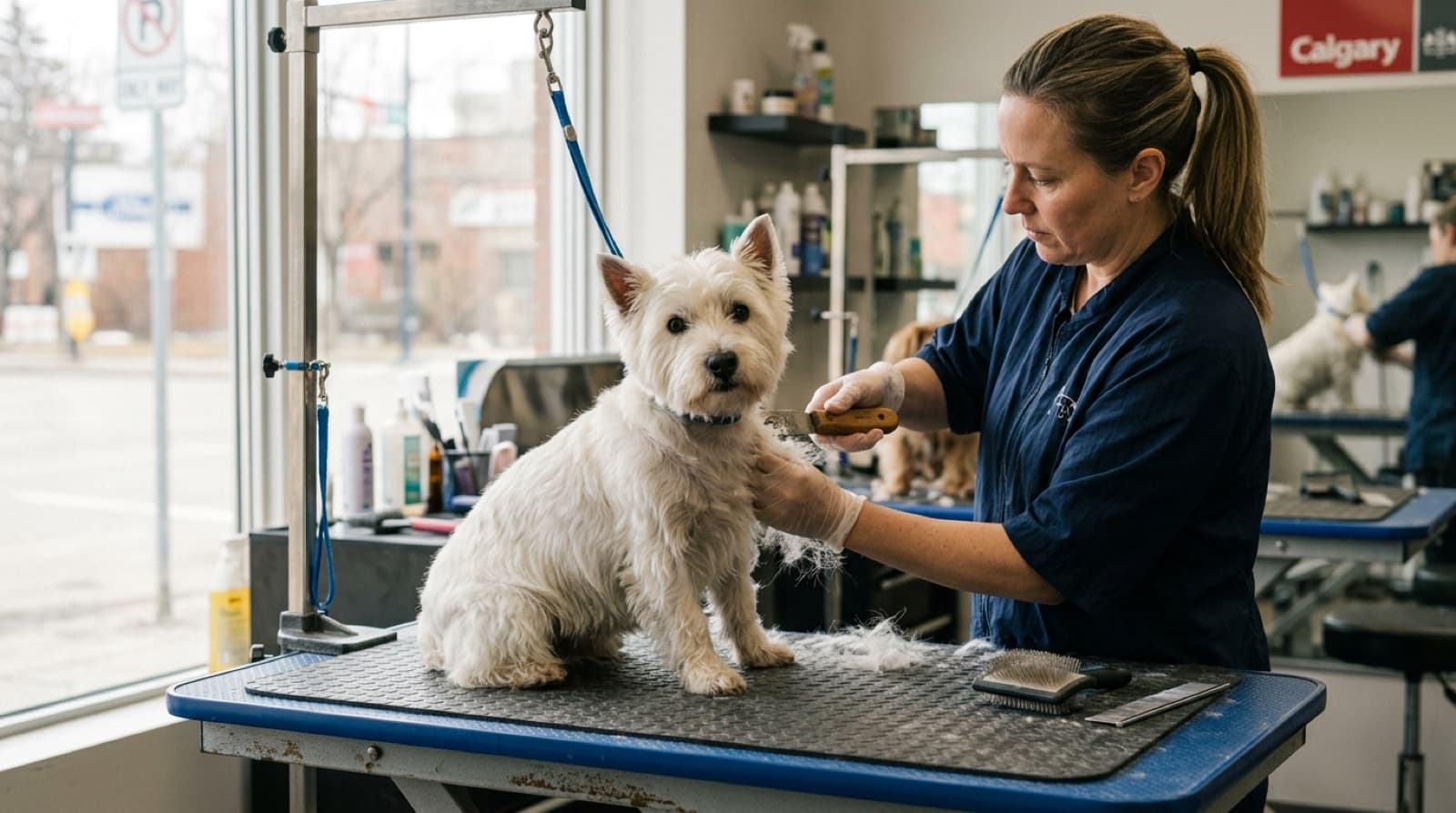 A West Highland White Terrier with a freshly hand stripped harsh white double coat standing on prairie grass with the Calgary skyline in the distance, illustrating the breed signature coat that defines the grooming workload