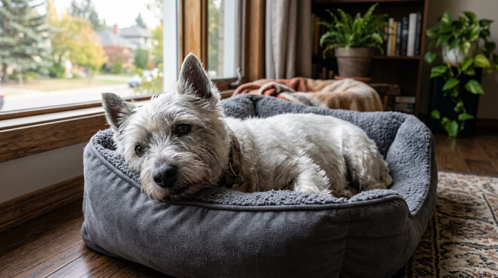 A healthy adult West Highland White Terrier sitting calmly during a routine wellness exam at a Calgary veterinary clinic