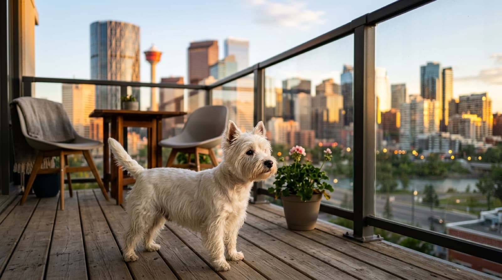 A bright white West Highland White Terrier sitting alert on a Calgary apartment balcony in summer, showing the breeds sturdy small build, distinctive harsh white double coat, and prick-eared terrier expression