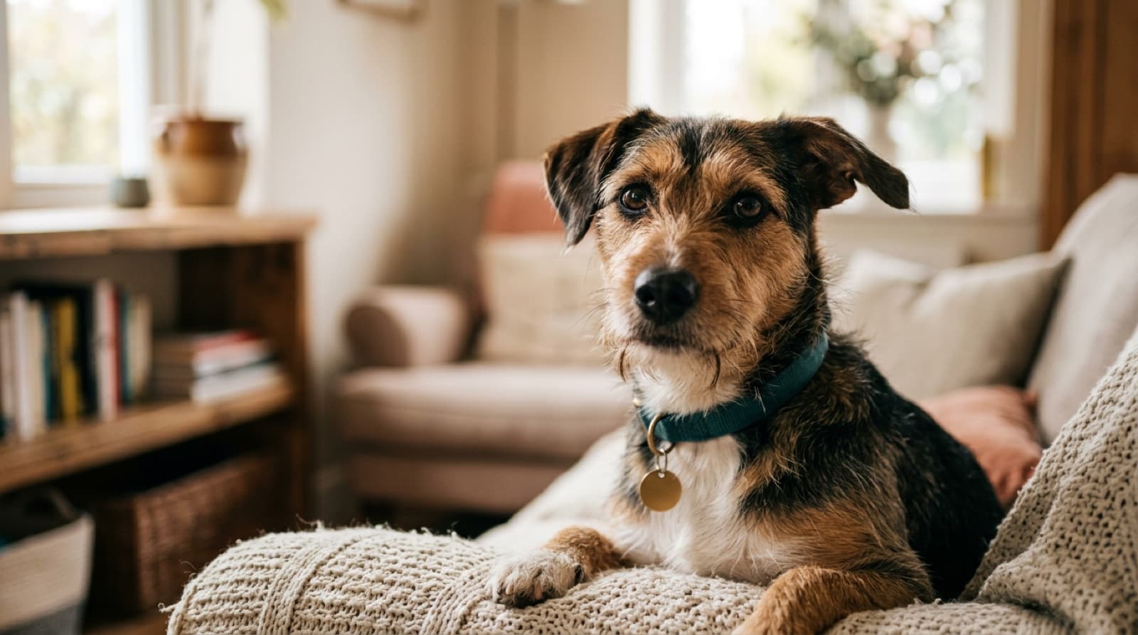 A curious mixed-breed rescue dog looking at the camera in warm natural light