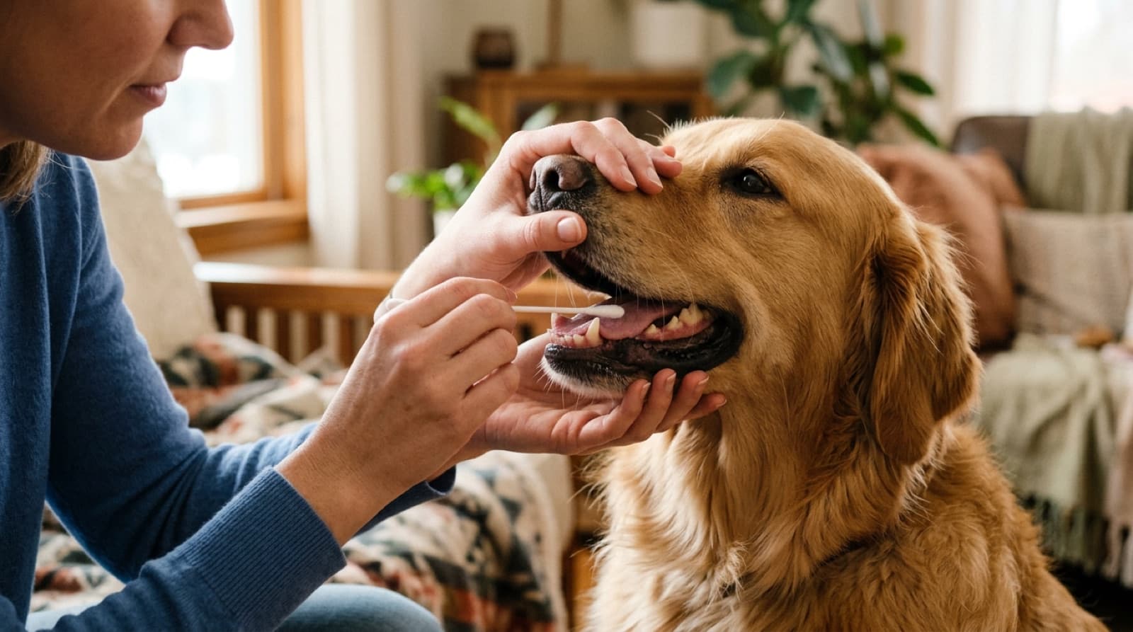 A dog having the inside of its cheek swabbed for a DNA sample at home