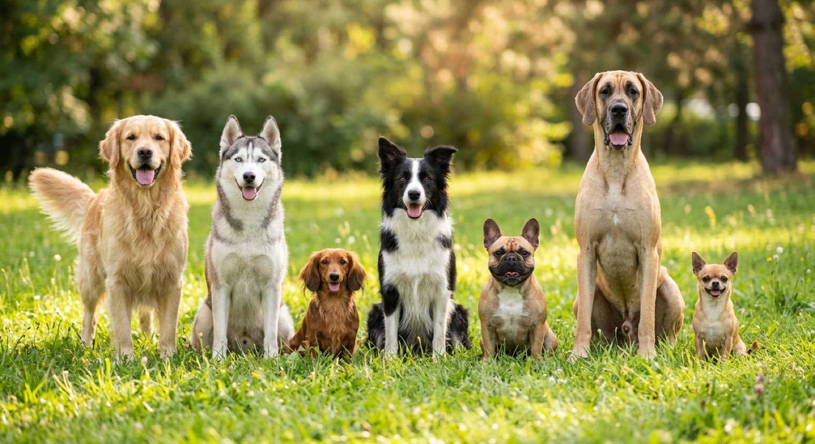 A lineup of diverse dog breeds, which one are you?